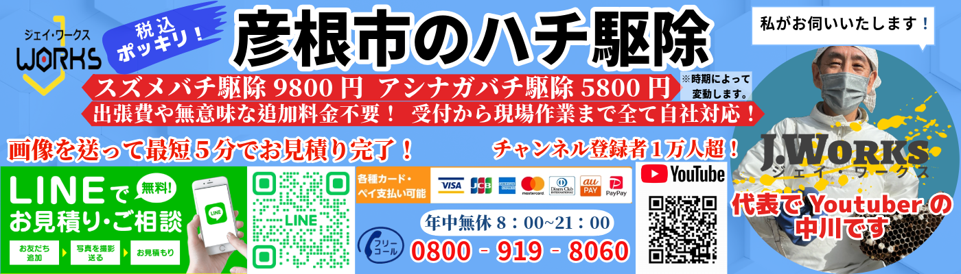 彦根市の蜂駆除【スズメバチ駆除9800円 アシナガバチ駆除5800円税込ポッキリ】地元滋賀のハチ駆除「ジェイ・ワークス」【LINE見積もり】【クレジットカード・Paypay払可】!